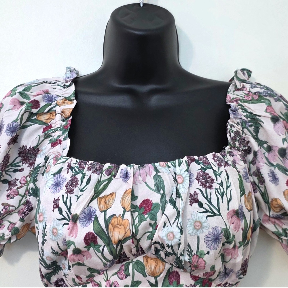 Cider Floral Puff Sleeve Milkmaid Crop Top Sz S Tie Back Bow Cottage Coquette - Picture 2 of 8